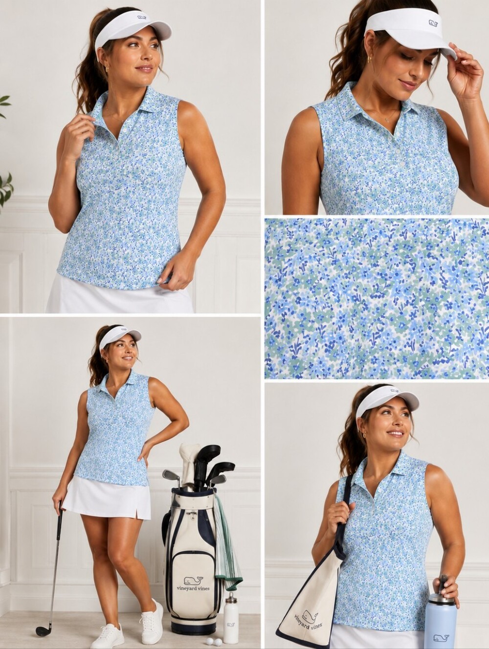 Vineyard Vines Performance Sleeveless Floral Golf Polo Top Blue White Medium